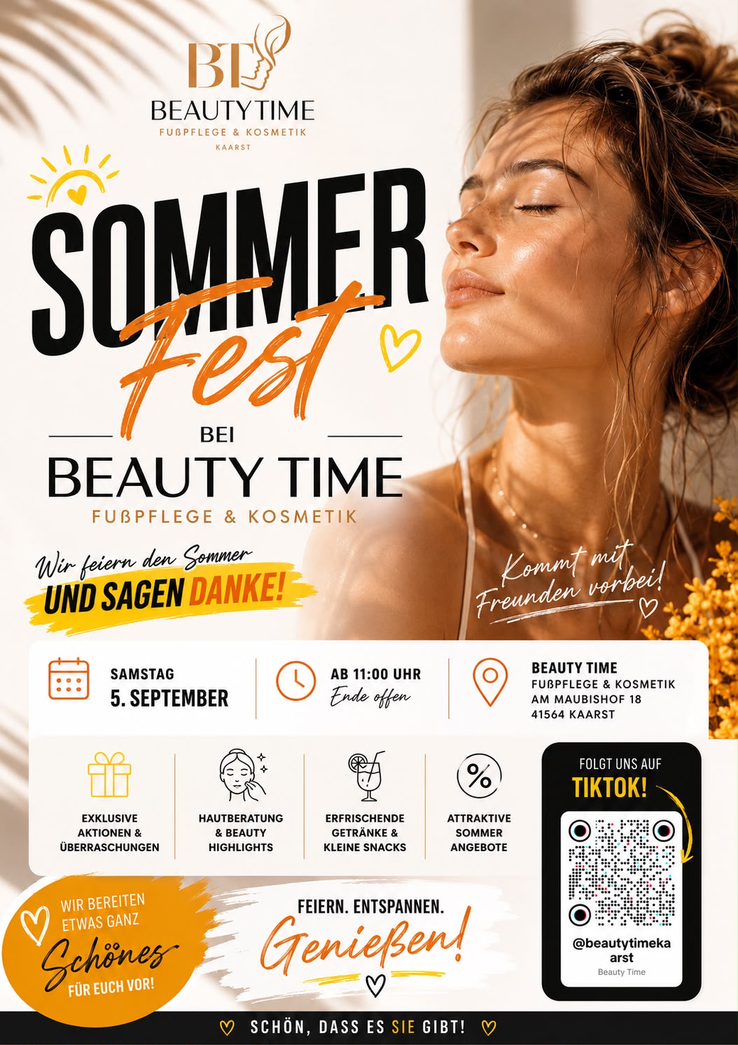 Plakat zum Sommerfest bei Beauty Time in Kaarst am Samstag, 5. September 2026, ab 11 Uhr