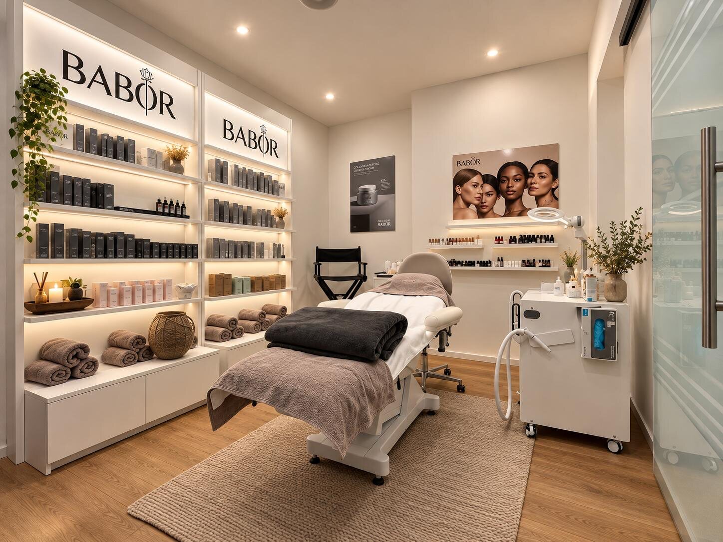 Behandlungsraum von Beauty Time in Kaarst mit Behandlungsliege, beleuchteten BABOR-Regalen und Kosmetikgerät